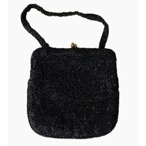 Vintage Black Beaded Evening Bag Floral Design Satin Lined Kiss Lock Clasp 7"